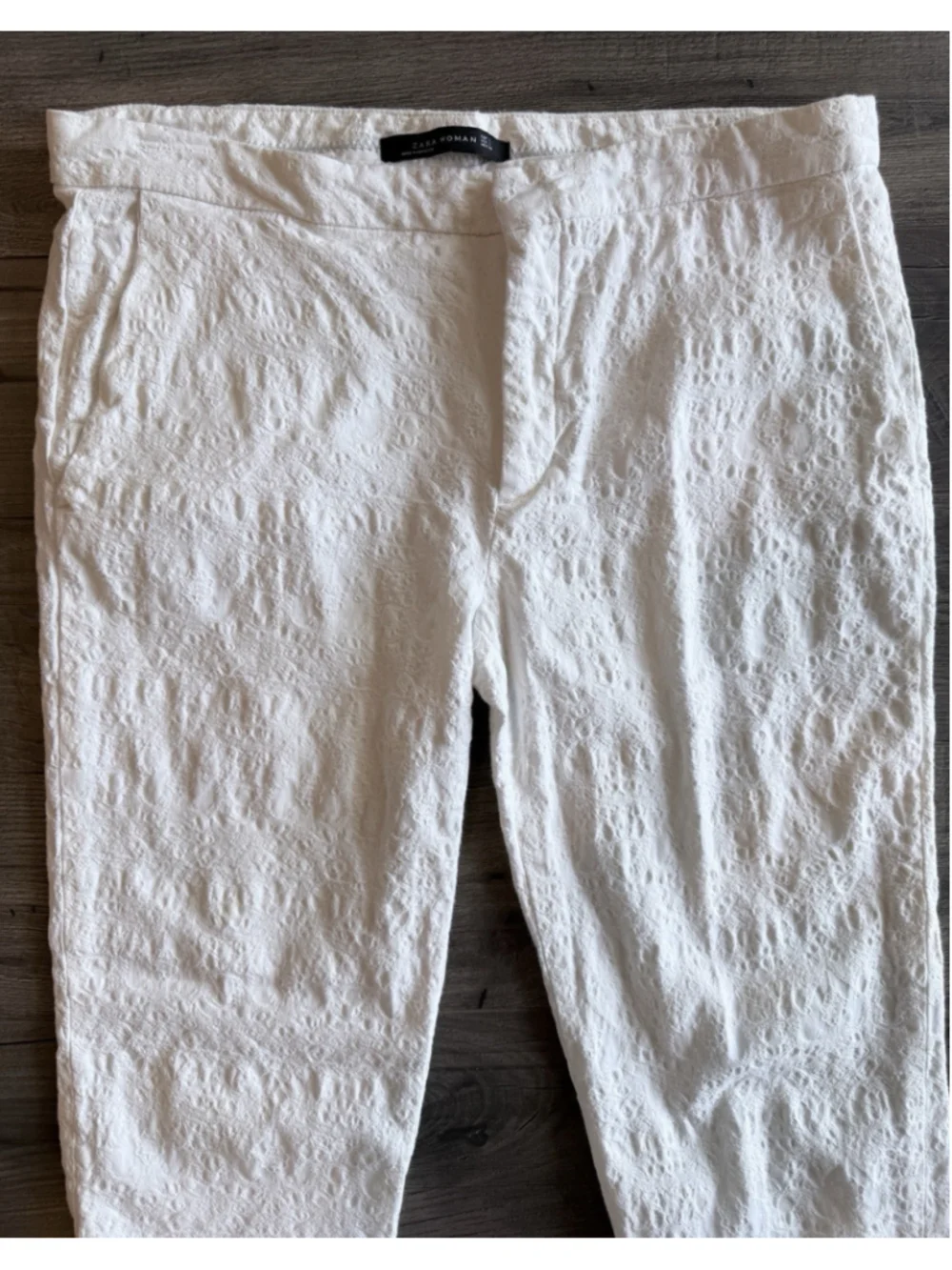 Zara Woman White Textured Jacquard Lace-inspired Pants L Euro Summer Festival